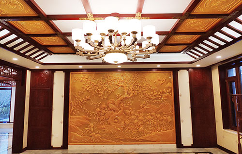 金沙中式别墅客厅中式木作横梁吊顶装饰展示